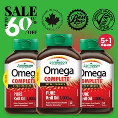 캐나다 국민 브랜드 1등 자미에슨 최대 60% 오메가 퓨어 크릴오일 1 000mg 30정 5+1 Jamieson Omega Pure Krill Oil EPA DHA 항산화제, 1,000mg x 30정 - 1병