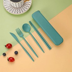 상자 휴대용 기구 친환경 밀 빨대 커트레이 젓가락 포크 나이프, 4.Green, 1개