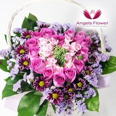 [엔젤스플라워] 축하 꽃바구니 공기정화 관엽식물 꽃배달서비스, F14_로맨틱 핑크하트 일반형