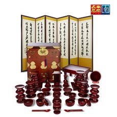 춘향골 남원목기 물푸레 복 제기 47p+오동함(+향로상) +추사 산수화 6폭병풍, 1box, 접시18,나물접시3,술잔3,잔대3,탕기3,식혜그릇1,향로1,촛대2,어틀1,편틀1,지방틀1,주발2세트,오동함1,6폭병풍,향로상