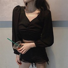 여성 블라우스 브이넥 퍼프 소매 셔링 크롭 셔츠 3종