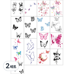 나비 문신 헤나 스티커 15종 세트, 2세트, 혼합색상