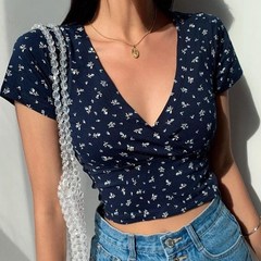 몬드스팟 여성용 잔꽃 브이넥 크롭 숏 반팔 티셔츠 MON