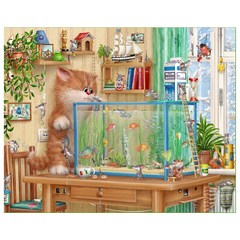케이엠엘리 3D 사각 보석십자수 DIY 키트 고양이와 어항 40 x 30 cm, 혼합색상, 1세트