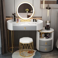 MONTHERIA 화장대 예쁜 연예인 화장대 세트 거울 의자 포함, 화이트+그레이 80cm (새동지 스툴)