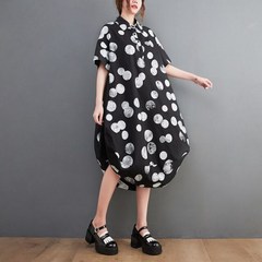 시어서커원피스 # 폴카 도트 프린트 셔츠 드레스 여성용 느슨한 비대칭 반팔 턴다운 칼라 미디 여름
