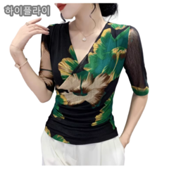 라인 댄스복 상의 줌바 라틴 댄스 꽃 무늬 크로스 반팔 셔츠 QX11