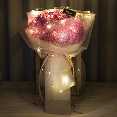 "1000일 동안" 시들지 않는 보존화 안개꽃다발 (LED+엽서+꽃다발)라운드오프, 중형, 핑크