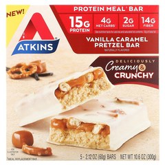 미국 건강식품 Atkins 식사 대용 단백질 바닐라 캐러멜 프레즐 바 5개 60g(2.트루