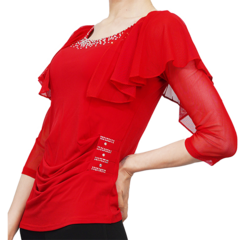 팔색조 댄스복 날개쉬폰 보석 주름 티셔츠, 레드(RED)