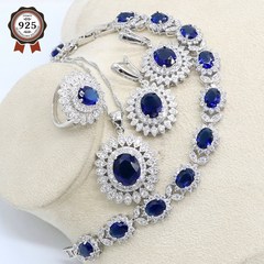 [으뜸몰100] 천연 블루 사파이어 토파즈 화이트 지르콘 실버 925 쥬얼리 세트 여성 파티 귀걸이 펜던트 목걸이 반지 팔찌|Jewelry Sets|