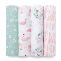 Aden + anais Essentials 여아 및 남아용 모슬린 포대기 담요 속싸개를 위한 신생아 목욕 담요 100% 면 아기 포대기 랩 4팩 블러싱 버니, Pink Floral