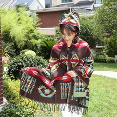 여성 프린트 빈티지 전통 패션 몽골판초 옷차림 몽골여행패션 숄가디건