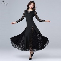 여성 라틴 댄스복 사교 댄스 왈츠 댄스 레이스 원피스 무대공연 드레스 3종 색상, XL, 블랙