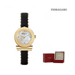 [페라가모(시계)] [페라가모] 간치노 화이트펄 여성 스터드장식 블랙 가죽 시계