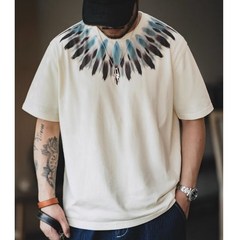 아메리칸 빈티지 헤비 면 인디언 깃털 프린트 반팔 구제 루즈 에스닉 티셔츠 남자 여름 패션
