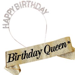 JOYPARTY 메탈릭 생일머리띠 + 생일어깨띠 Birthday Queen 세트, 로즈골드(머리띠), 글리터골드(어깨띠), 1세트