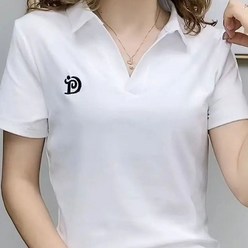 묘먀미 여성용 심플자수 오픈넥 골프 반팔 티셔츠 BB007
