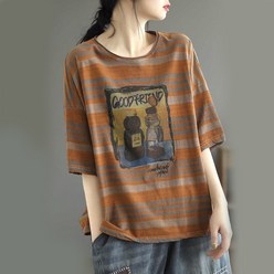 엔티랄라 여자 상의 반팔 티셔츠 빈티지한 프린트된 헐렁한 스트라이프의 여름