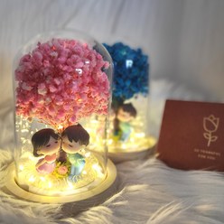 시들지않는 프리저브드 플라워 안개 꽃 피규어 LED 무드등 + 메세지카드, 핑크