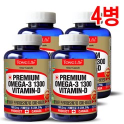 Canada 캐나다정품 통라이프-프리미엄오메가3 1300+비타민D (6개월분) 혈행 기억력개선 칼슘과인흡수도움-4병, 4병