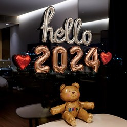 파티몬 헬로우 연말 파티 풍선 신년, hello 홀로그램 실버 + 2024로즈 + 하트 레드, 1개