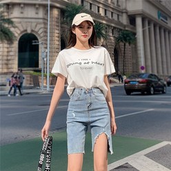DFMEI 슬림 디스트로이드 데님 파스텔 패션에서 여성 여름 바지 5부 한국판 하이 웨이스트 반바지에도 어울리는 날씬해 보이다.