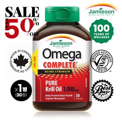 캐나다 국민 브랜드 자미에슨 최대 60% 오메가 퓨어 크릴오일 1 000mg 30정 5+1 Jamieson Omega Pure Krill Oil EPA DHA 항산화제, 1,000mg x 30정 x 1병