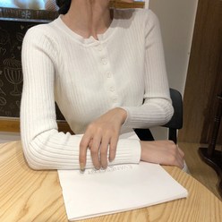 감성갤러리 여성 단추 포인트 슬림 골지 긴팔 티셔츠