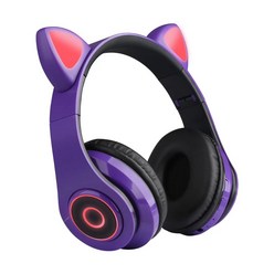 새로운 크로스오버 여성 고양이 귀 인터넷 유명 발광 헤드셋 무선 블루투스 이어폰 제조업체 도매, 자주색