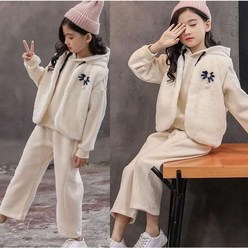 [당일발송] 주니어 포근기모후드3종세트 국내배송 초등학생기모옷 자매겨울상하복 어린이기모상하복