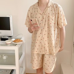 [러빙리] 리본체리 순면 여름 반팔 커플 잠옷 원피스 파자마 홈웨어 상하세트