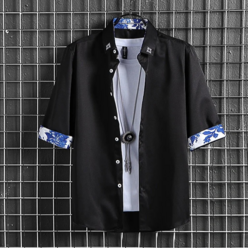 남자 셔츠 중국 스타일 여름용 7부 소매 셔츠 컬러블럭 반팔 셔츠 한국판 패션 브랜드 빈티지 캐주얼 상의 남성