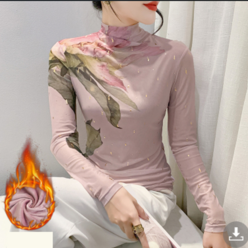 미미투 BT2079 여성 겨울기모 핑크꽃티셔츠 스판쫀쫀 긴팔티셔츠 목티
