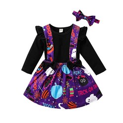 유아 아기 소녀 할로윈 의류 세트 긴소매 티셔츠 + 만화 유령 멜빵 스커트+ 머리띠 의상 카키 6-12 Months