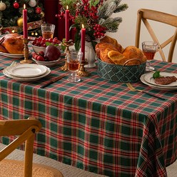 크리스마스 식탁보 크리스마스 테이블보 홈파티 연말파티 성탄절 타탄 체크 테이블보 원형, 140x140, 그린타탄체크