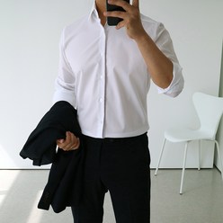 [맨즈북] 구김방지 스판 남성 얇은 와이셔츠 라인 삼선 자수 출근룩 캐주얼남방