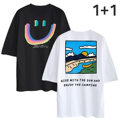 2장세트5부 오버핏 반팔티 리버캠핑+컬러스마일 남녀공용 반팔 티셔츠