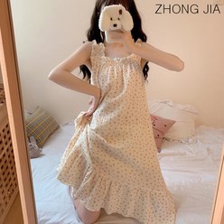 ZHONG JIA 여성 여름 슬림 프릴 루즈핏 실내복 러블리 나시 스커트 니스파자마 여름원피스잠옷 홈웨어 잠옷