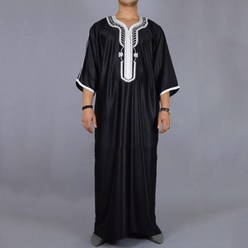 이슬람옷 의상 중동옷 남자 이슬람 패치 워크 소프트 넥 긴 소매 두바이 빈티지 아랍어, 3.Black - XL, 1개