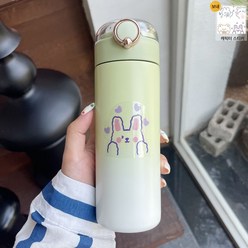 DFMEI 텀블러 여자 물컵 스텐물병 소 휴대용 전용컵, 그라데이션그린화이트+투명스티커, 480ml 싱글컵