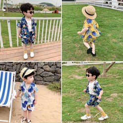 썸머타임 유아동 남아 여름 휴가 바캉스룩 하와이안 플라워 야자수셔츠 반바지 상하세트