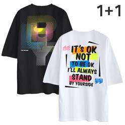 2PACK 구성 5부 오버핏 반팔티 잇츠오케이 네온그래픽 남녀공용 프린트 티셔츠