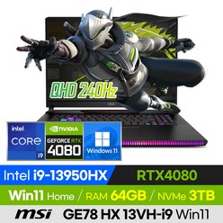 [사은품 증정!] MSI Raider GE78 HX 13VH-i9 QHD Win11 롤 오버워치 RTX4080 13세대 i9 고사양 17인치 게이밍 노트북, 윈도우 포함, 64GB, 3TB, 코어i9, 블랙