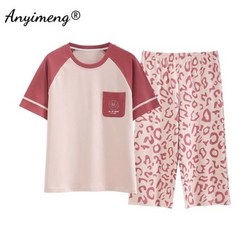 [케이로] 356800 여성 카프리 잠옷 세트 여름용 코튼 우아한 꽃무늬 프린트 송아지 길이 라운지웨어 레저용 크롭 바지