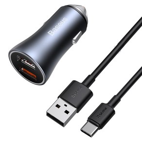 베이스어스 골든 콘택터 프로 듀얼 고속 차량용 충전기 U 앤 U 40W + USB FOR TYPE C 5A 케이블 1m 세트, CCJDZ-C/CCJDZ-CX, 다크그레이(충전기)