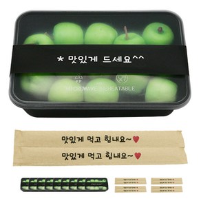 도나앤데코 PP내열 도시락용기 블랙 낮은한칸 10p + 띠지스티커 블랙 맛있게드세요 10p + 크라프트 대나무젓가락 맛있게 먹고 힘내요 10p, 1세트, 도시락용기 10p + 띠지스티커 10p + 젓가락 10p