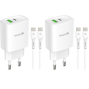 밸류엠 25W 2포트 PPS 초고속 멀티 USB-A / USB-C 충전기 + C타입 to C타입 케이블 세트, 화이트, 2세트