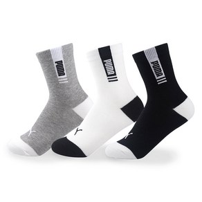 푸마 아동용 중목양말 3족 세트 PU-K04, 화이트, 그레이, 블랙, 1세트