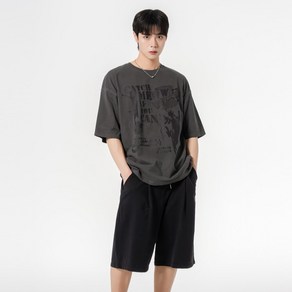 모즈모즈 댄싱캣 피그먼트 반팔 + 피그먼트 와이드 원턱 쇼츠 셋업